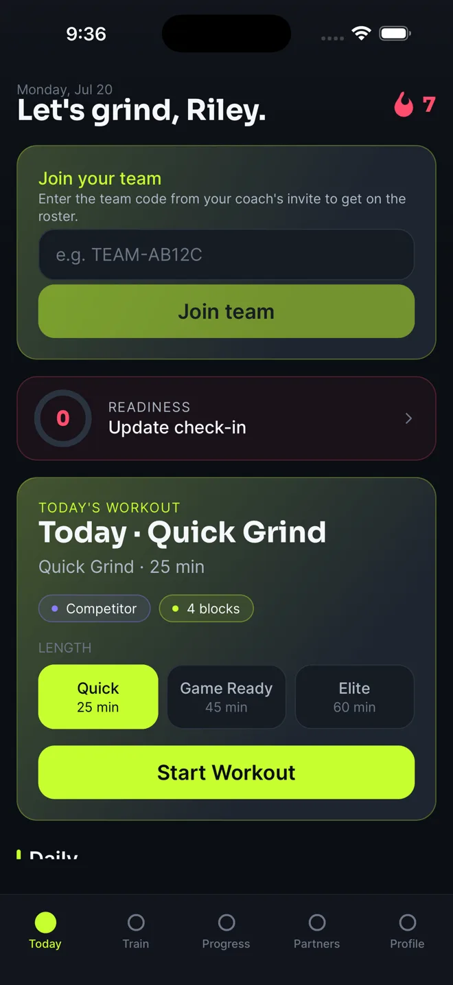 FiercePitch Today screen: a personalized daily workout with Quick, Game Ready, and Elite length options, a readiness check-in, and a team join code field.