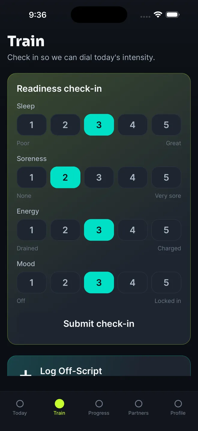 FiercePitch readiness check-in: rating sleep, soreness, energy, and mood on a five-point scale before training.